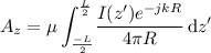 \begin{eqnarray*}
A_z = \mu \int_{\frac{-L}{2}}^{\frac{L}{2}} \! \frac{I(z')e^{-jkR}}{4\pi R} \, \mathrm{d}z'
\end{eqnarray*}